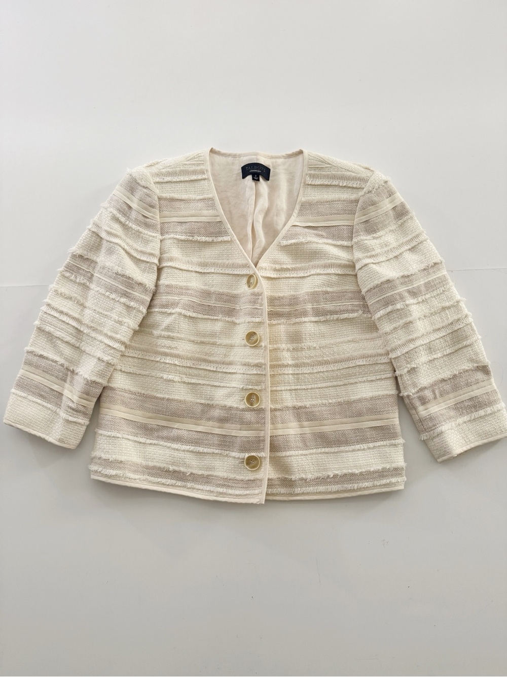 Talbots Raw Fringe 3/4 Sleeve Cream Jacket
